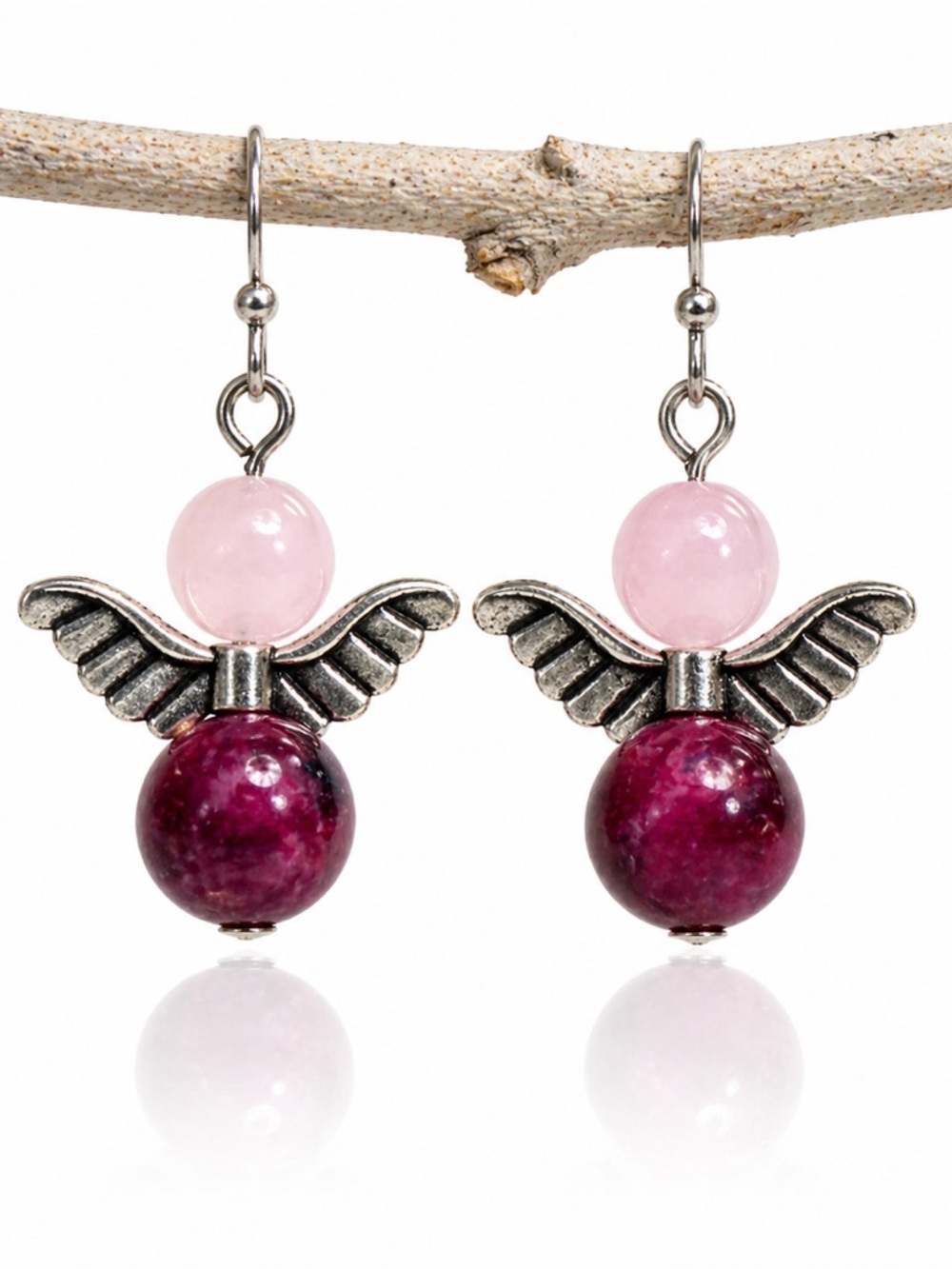 Angel Wing Bead Earrings, Pink & Berry Dangle, Cute Boho